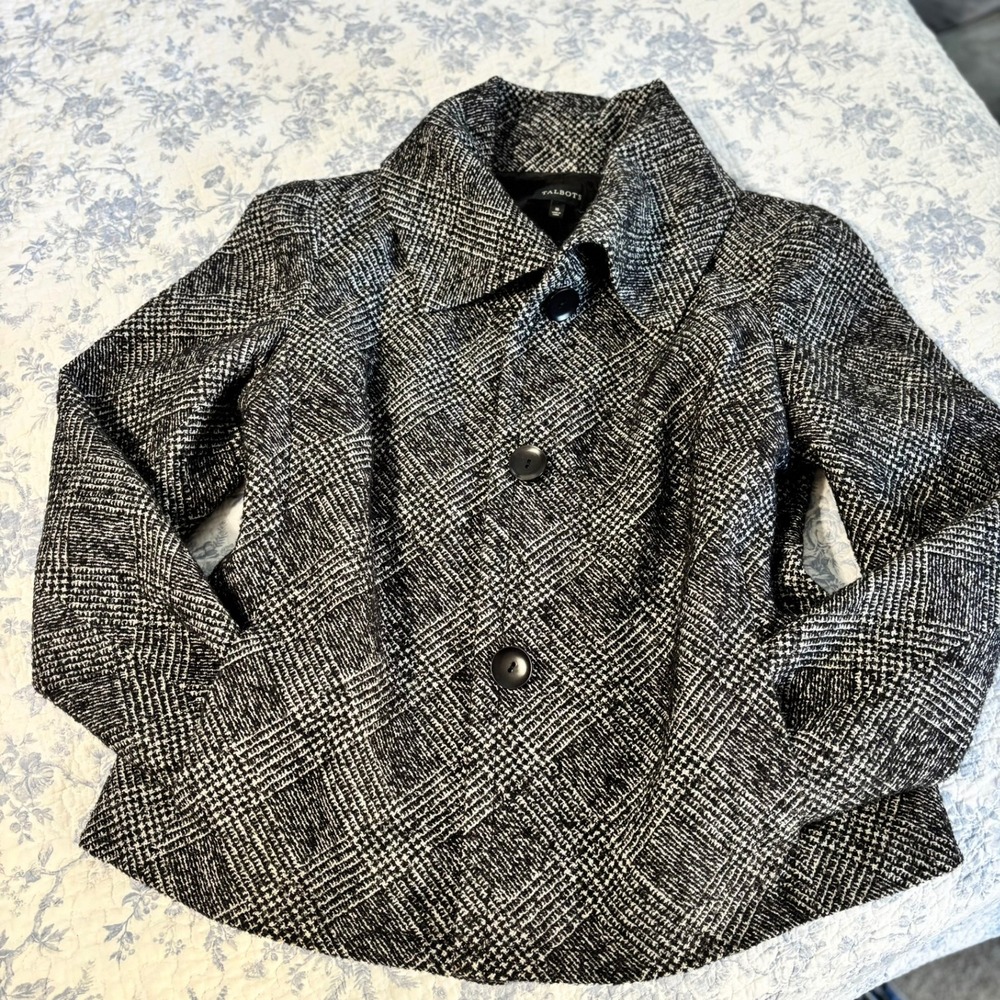 Talbots Black and White Plaid Wool Blend Coat Size 16 Excellent Condition
